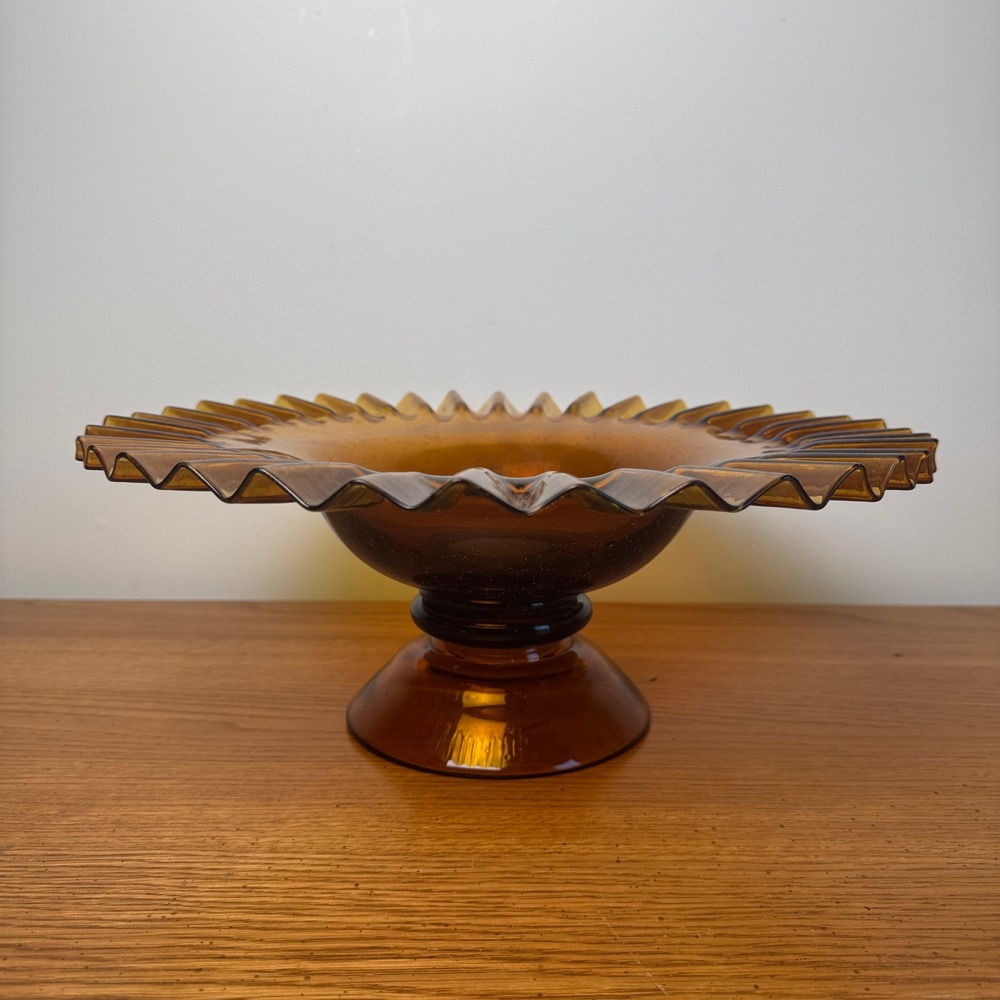 Taste of Home Amber Glass Footed Candy Dish Ruffled Edge